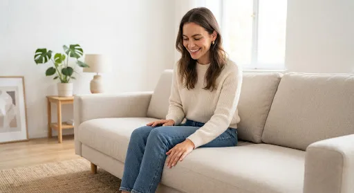 Client satisfait touchant un canapé propre